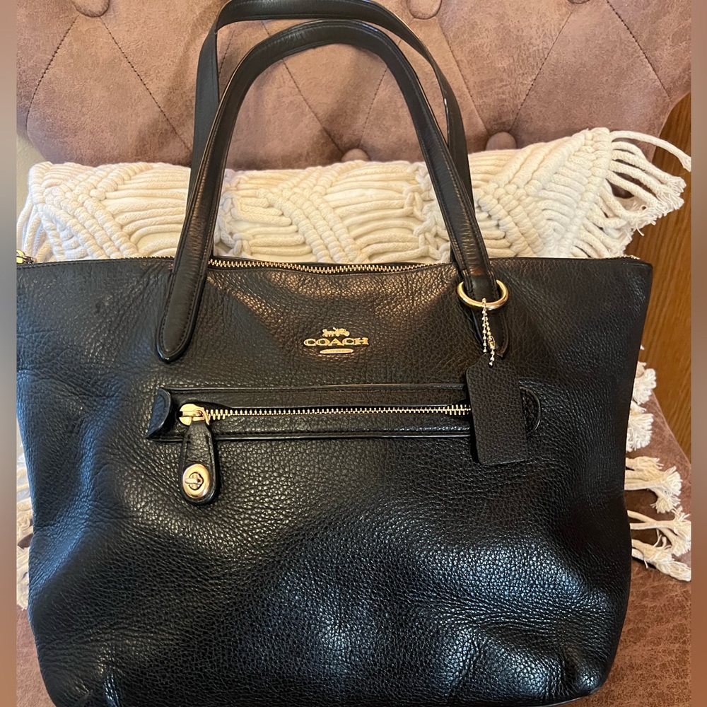 Coach Black Leather Tote with Gold Hardware